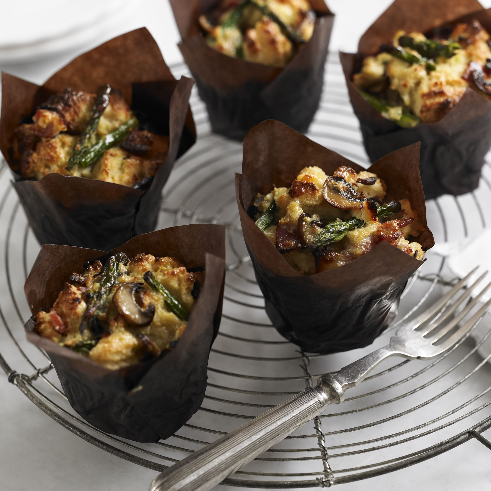 Asparagus, mushroom & bacon stratas recipe Asparagus, mushroom & bacon stratas recipe