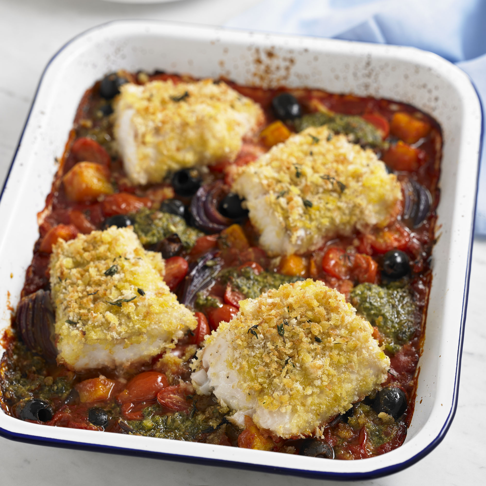Crispy cod tray bake recipe Crispy cod tray bake recipe