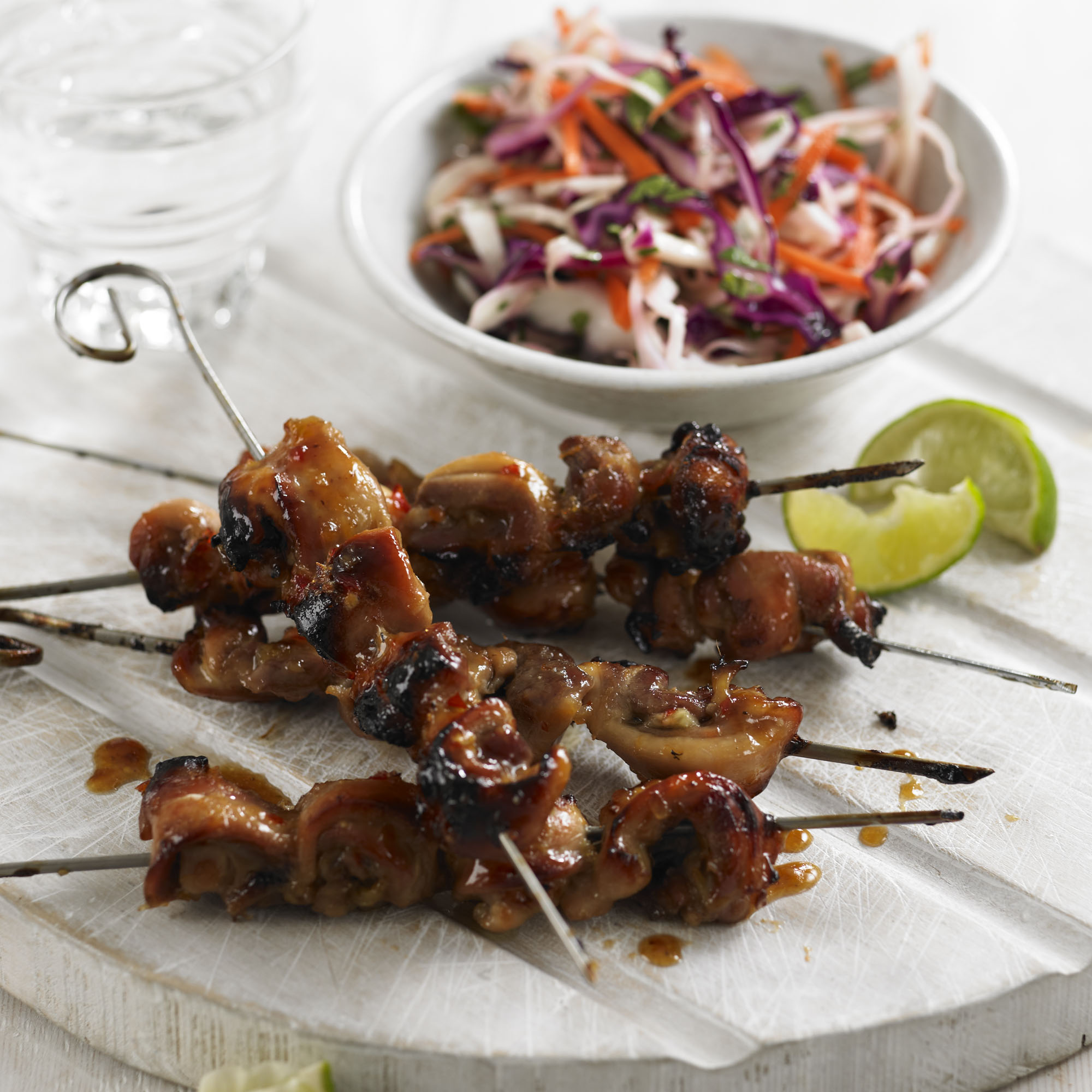 Sweet chilli chicken skewers with pickled slaw recipe Sweet chilli chicken skewers with pickled slaw recipe