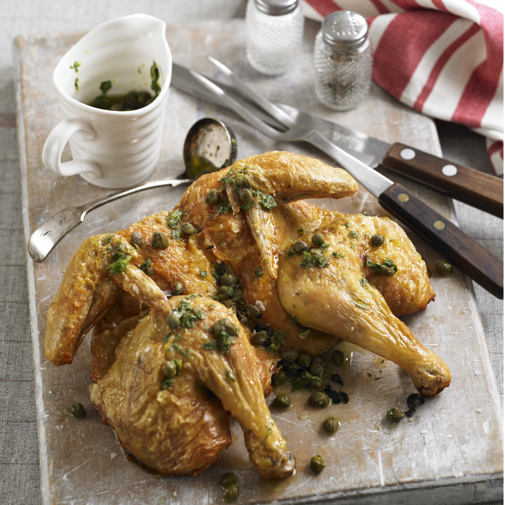 Spatchcock chicken with caper and oregano dressing recipe