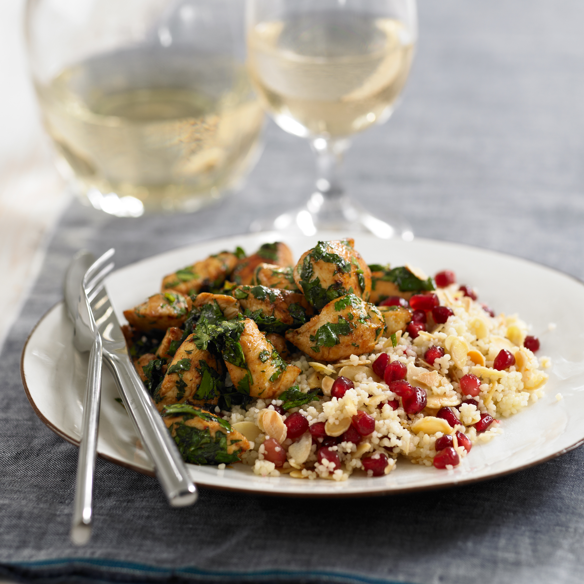 Coriander chicken with pomegranate and almond couscous recipe Coriander chicken with pomegranate and almond couscous recipe
