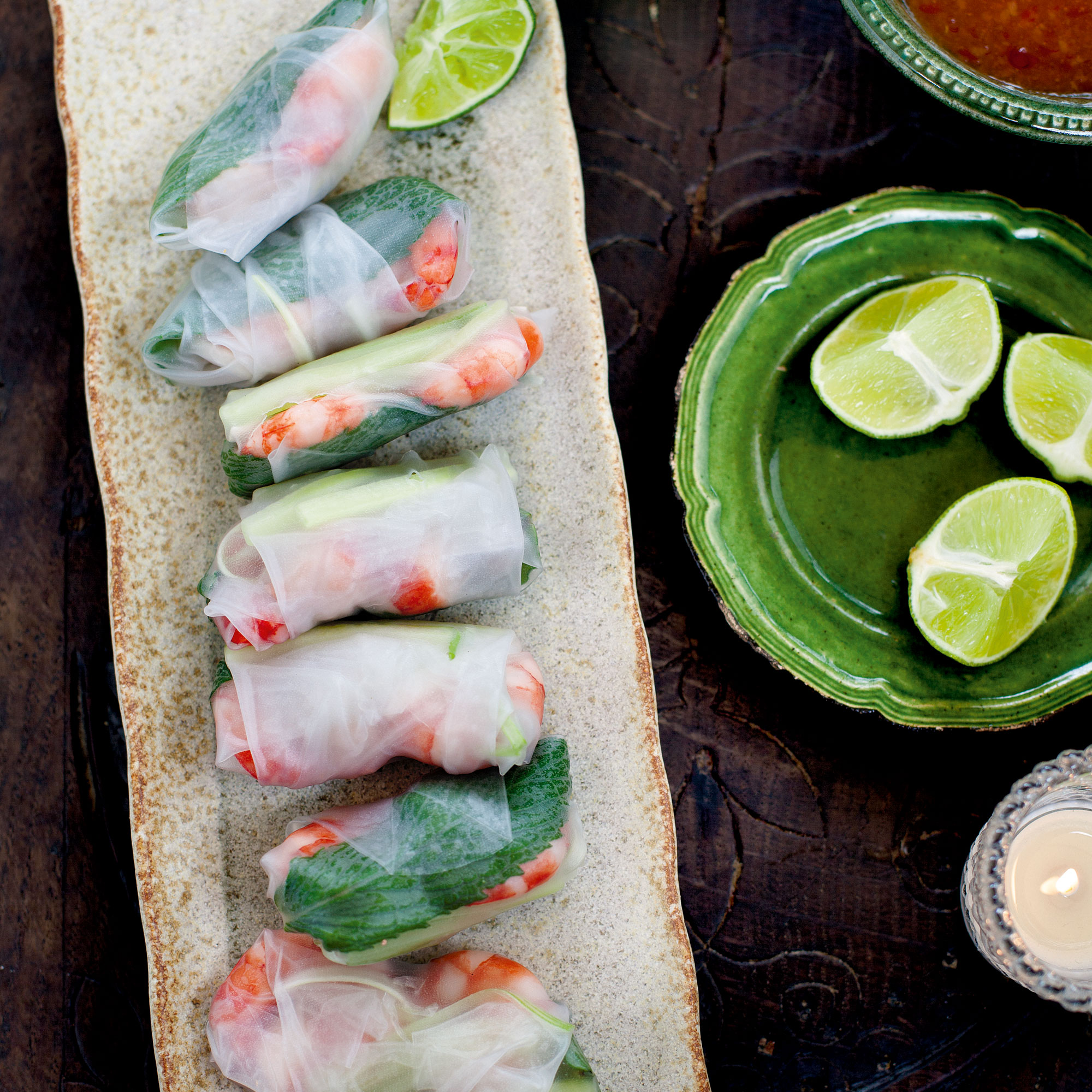 Prawn and mint rice paper rolls with sweet chilli sauce Prawn and mint rice paper rolls with sweet chilli sauce