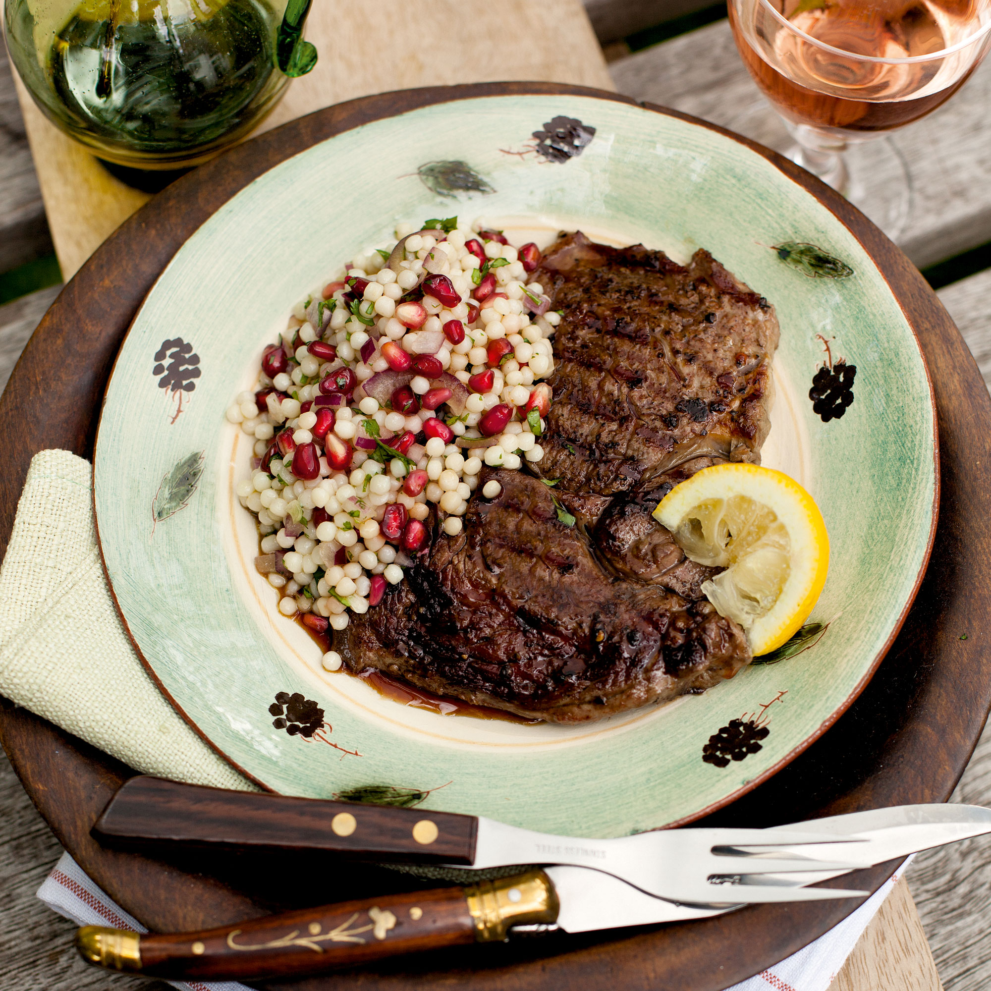 Rib Eye Steaks with Pomegranate Couscous Rib Eye steaks-pomegranate-couscous-woman and home