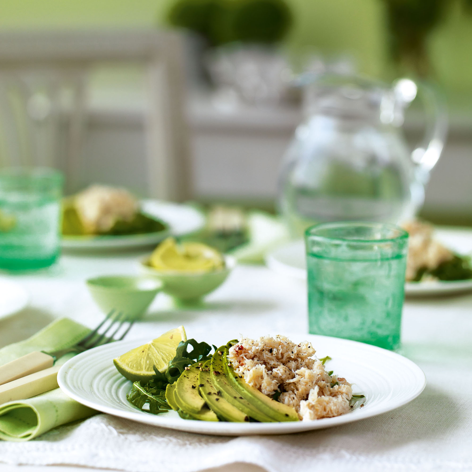 Crab and avocado salad table 2kx2k