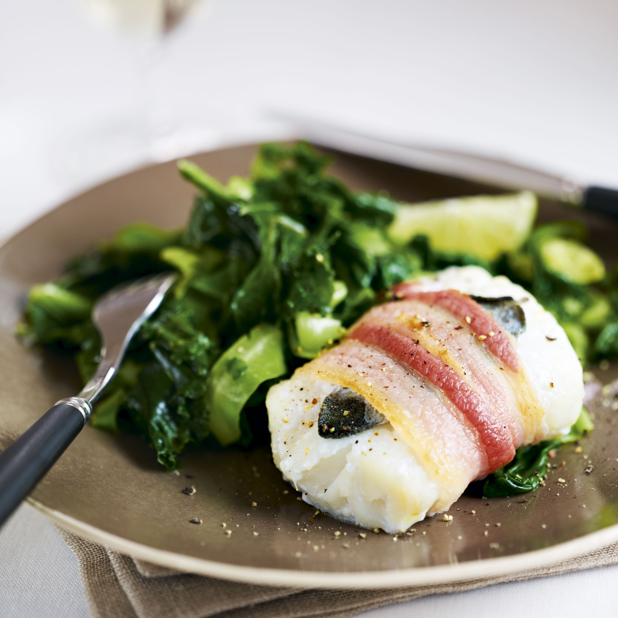 Baked cod and bacon with sage and greens Baked cod and bacon with sage and greens