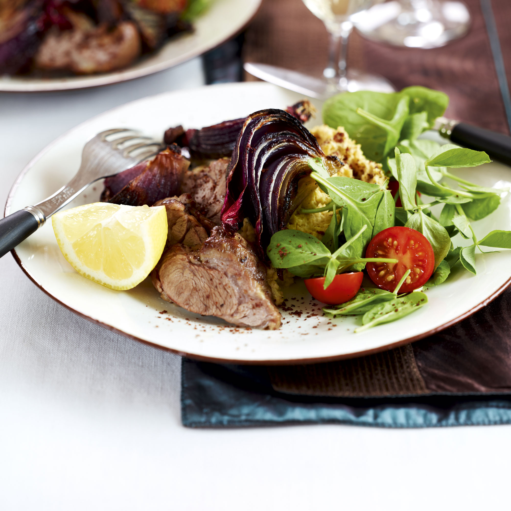 Sumac Lamb with Houmous and Roasted Red Onions Sumac lamb-houmous-roasted red onions-food-woman and home