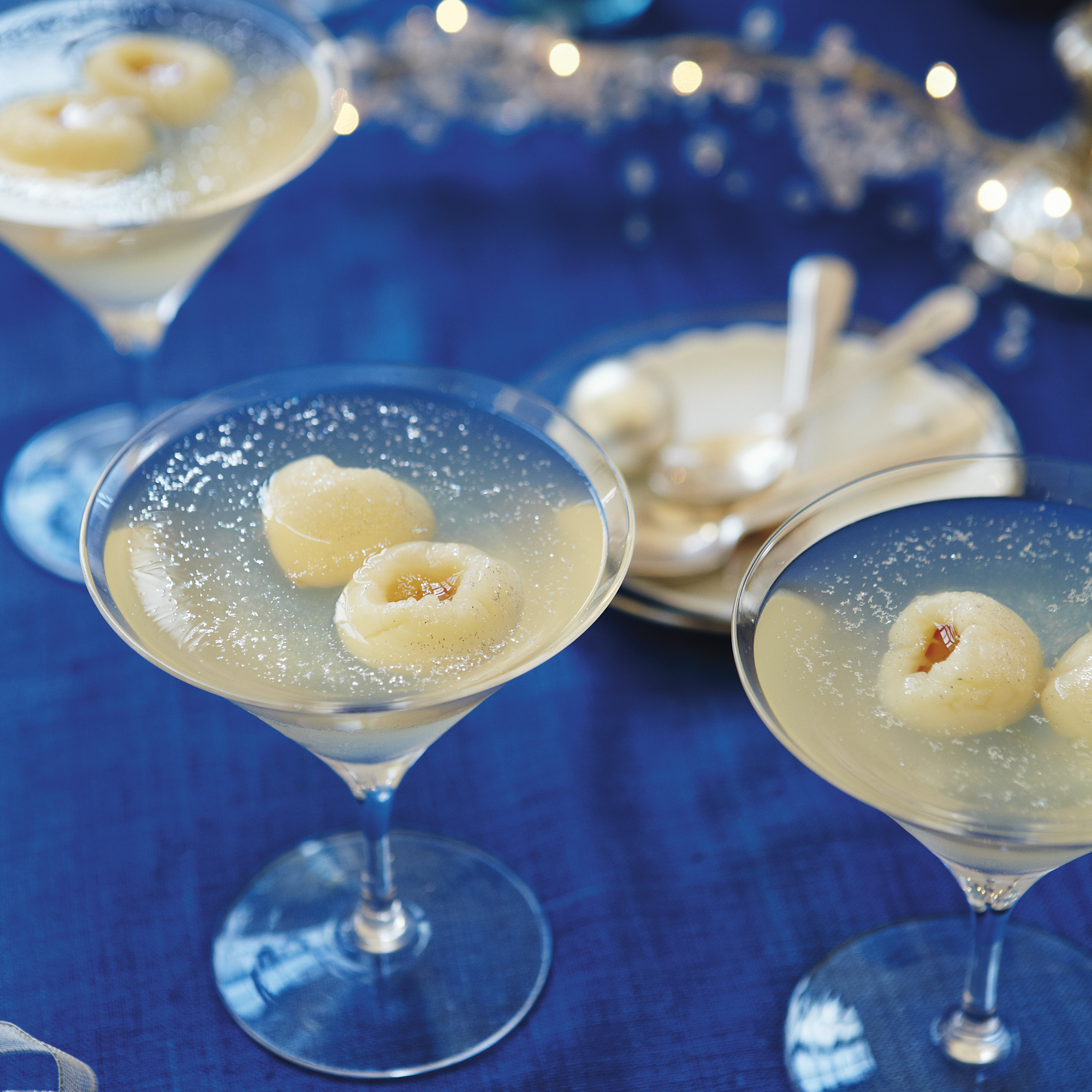 Prosecco and lychee jellies with edible glitter