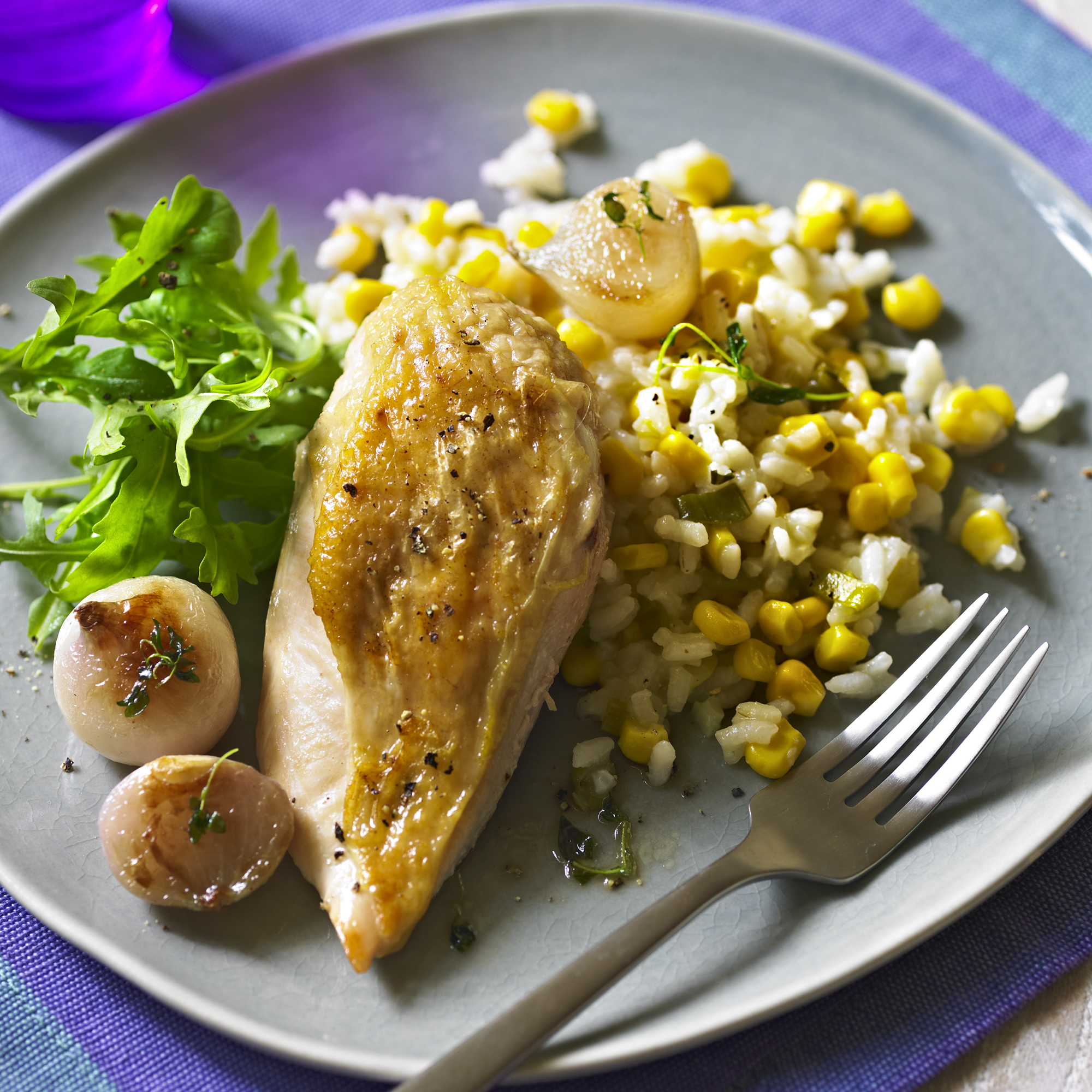 Roast Chicken Breasts with Sweetcorn Risotto and Caramelised Shallots
