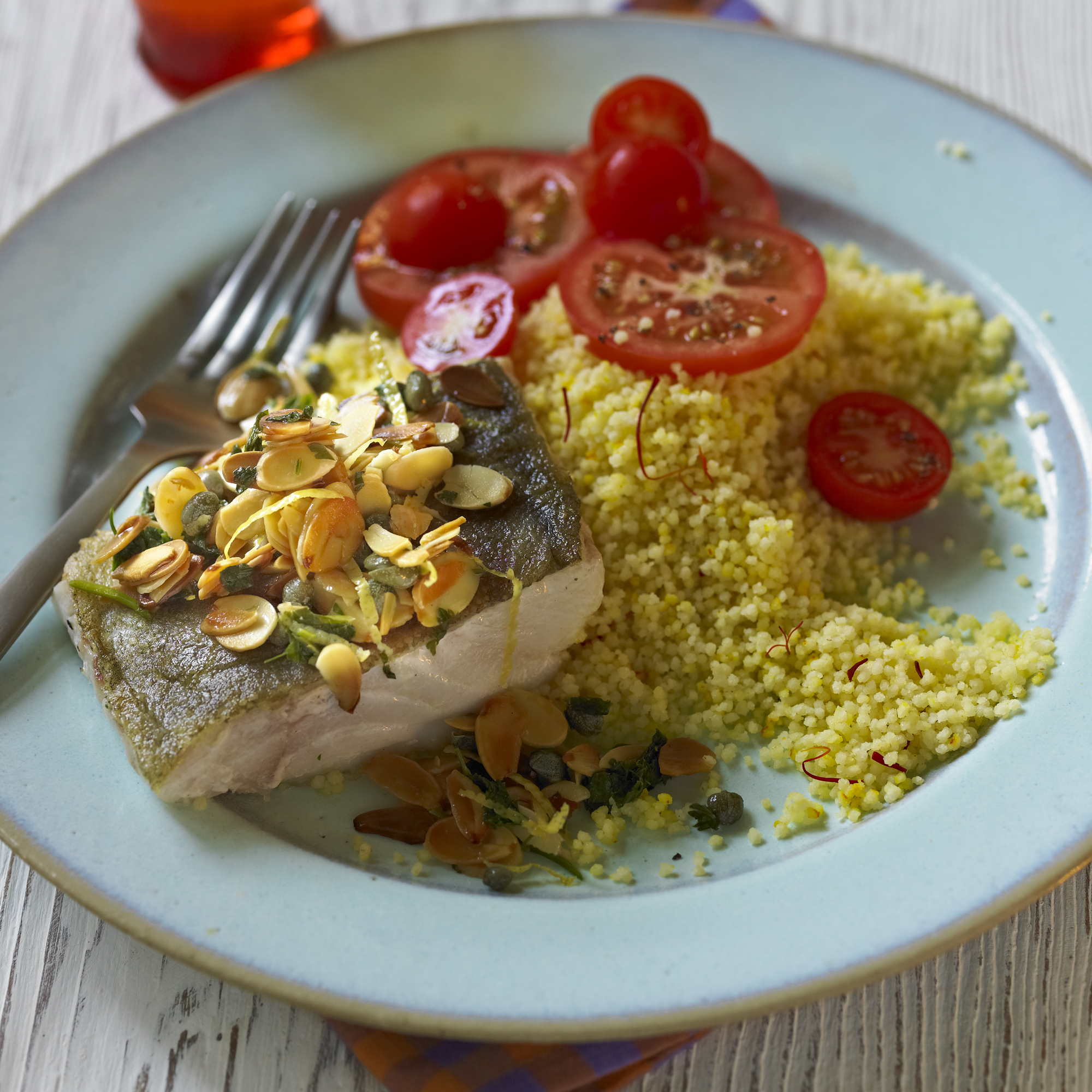 Pan-fried Cod with Saffron Couscous, Almonds and Capers Pan-fried Cod with Saffron Couscous, Almonds and Capers