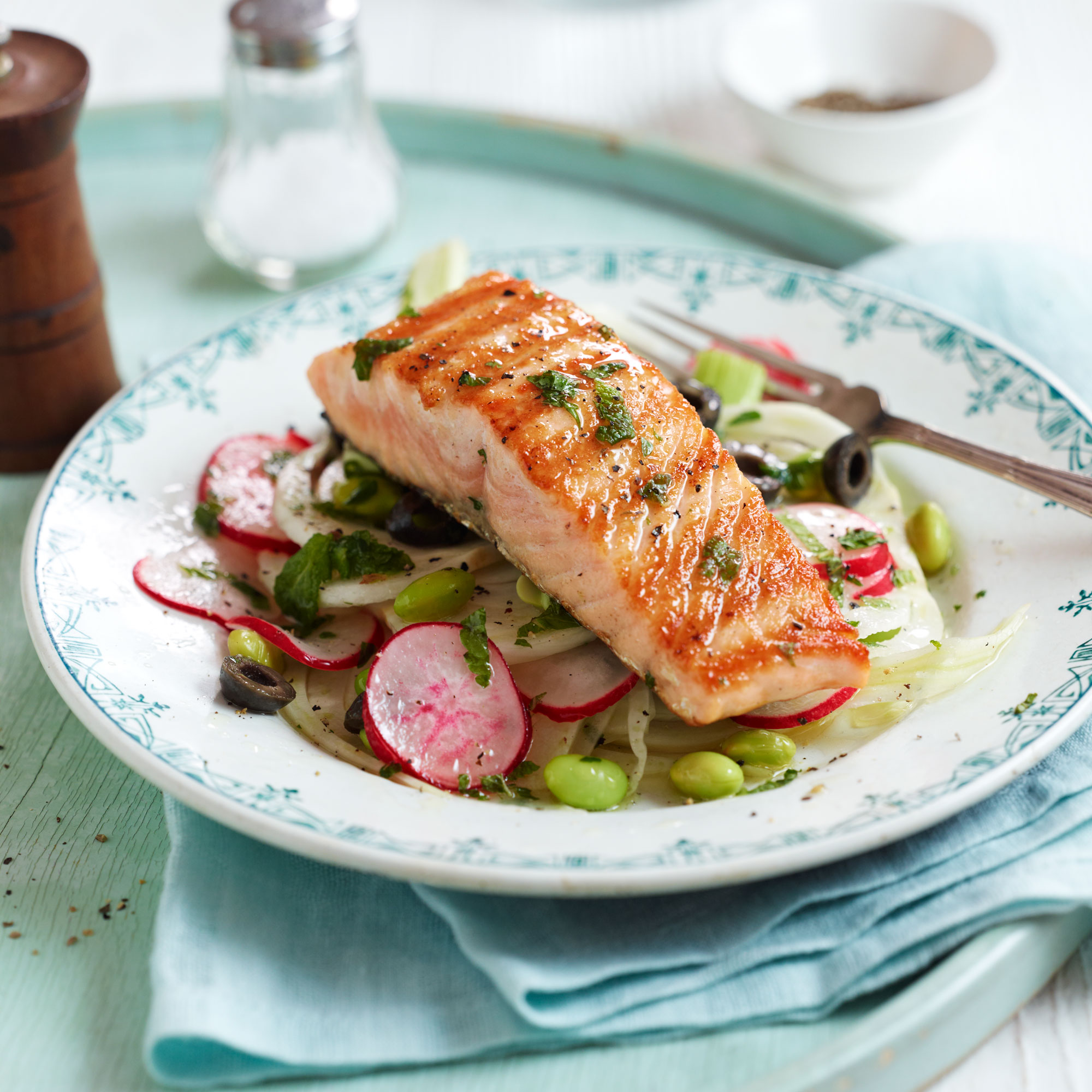 Lightly Smoked Salmon Fillets with Fennel, Radish and Black Olive Salad Lightly Smoked Salmon Fillets with Fennel, Radish and Black Olive Salad