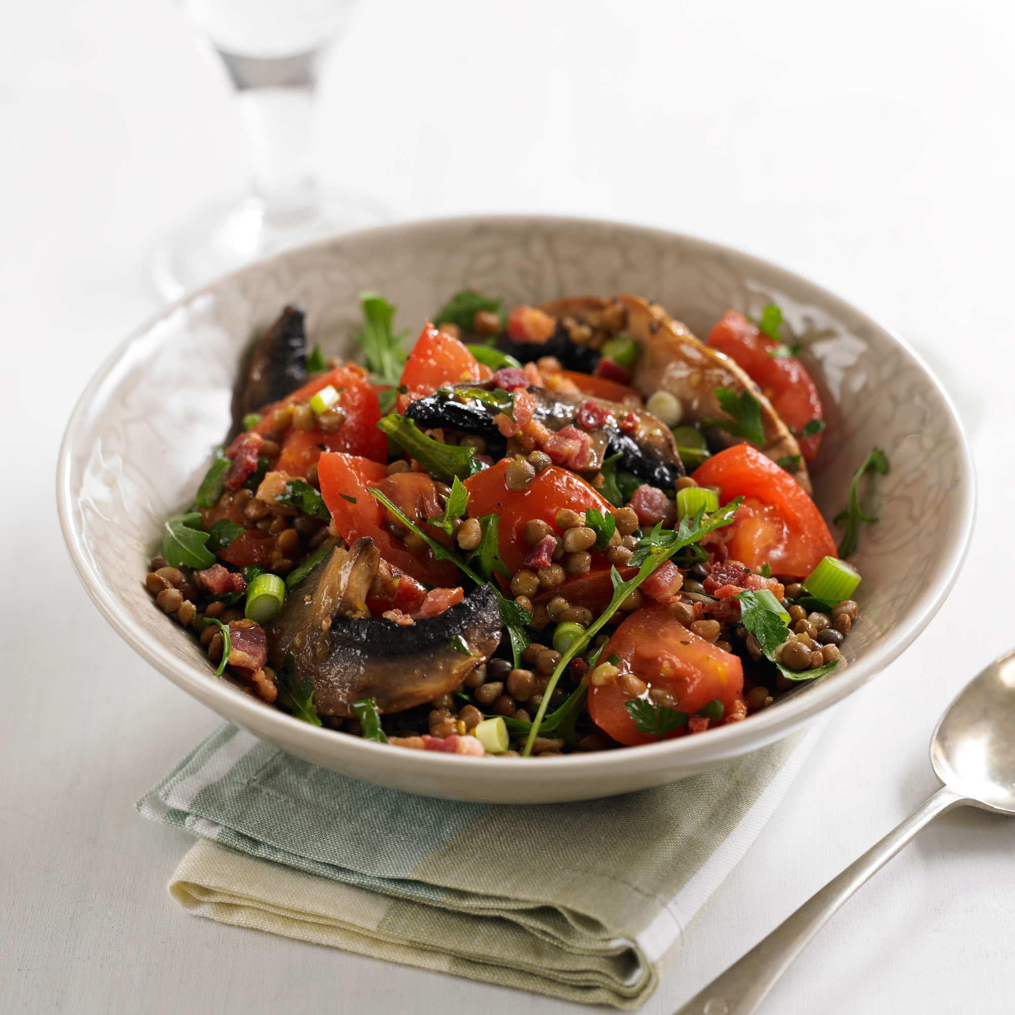 Lentil, Mushroom, Tomato and Rocket Salad recipe Photo of a lentil and mushroom salad recipe