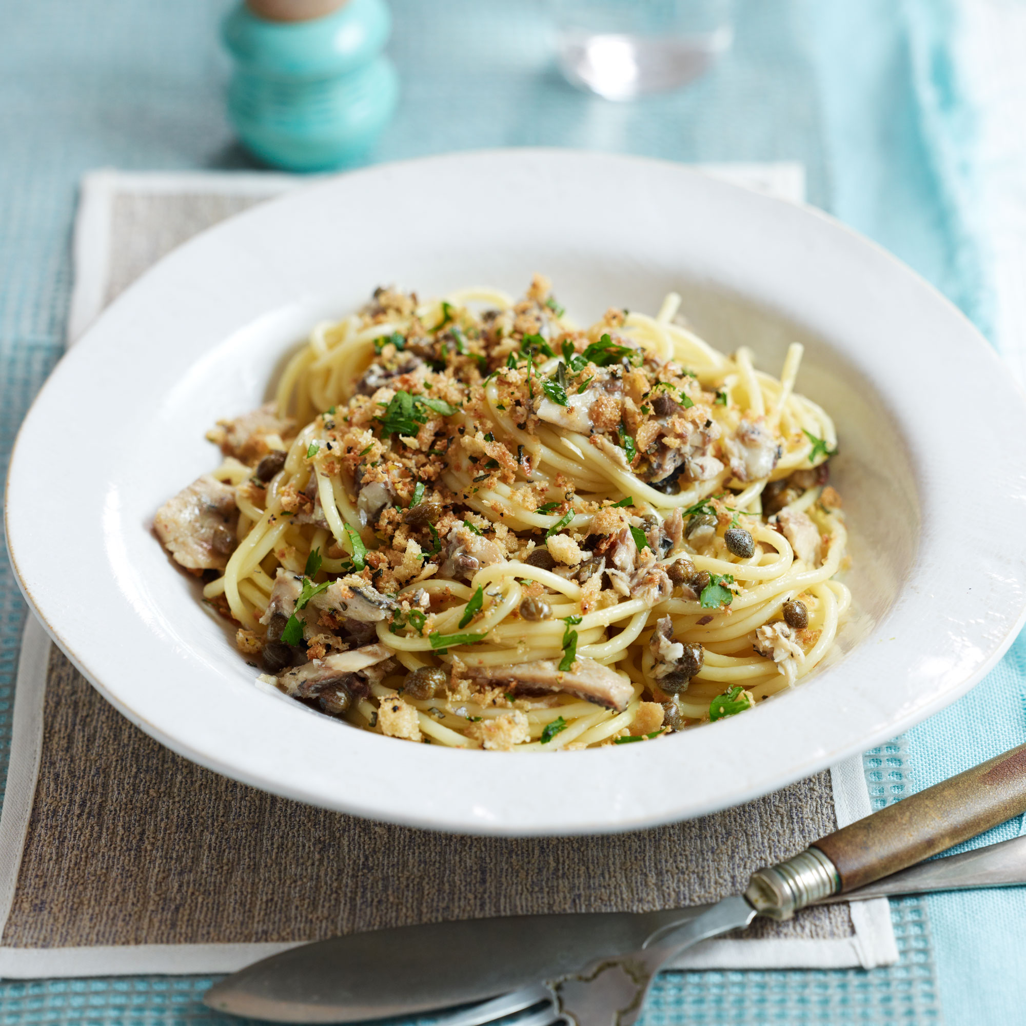 Sardine Spaghetti with Lemon and Black Pepper Breadcrumbs