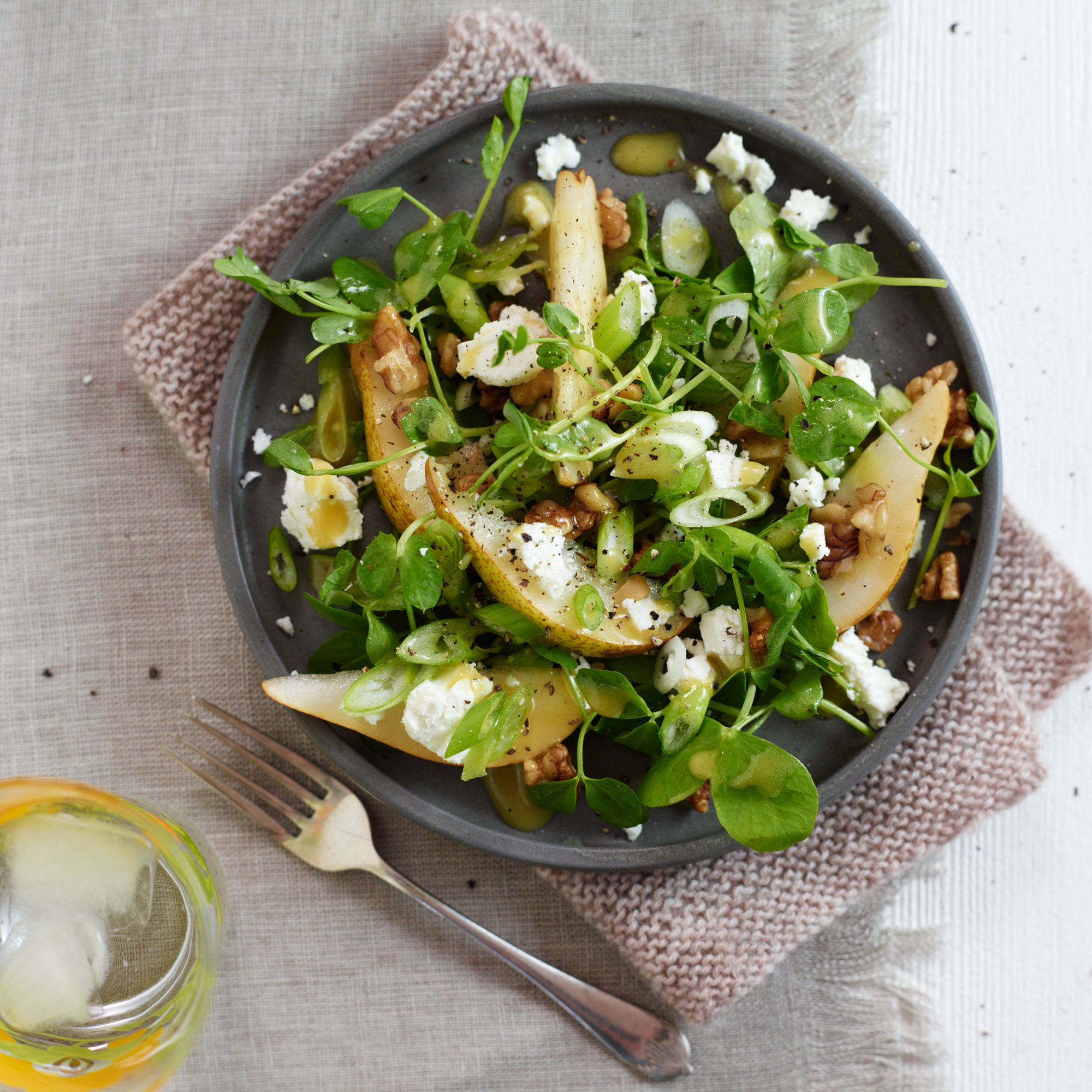Pear, Feta, Walnut and Pea Shoot Salad Pear, Feta, Walnut and Pea Shoot Salad