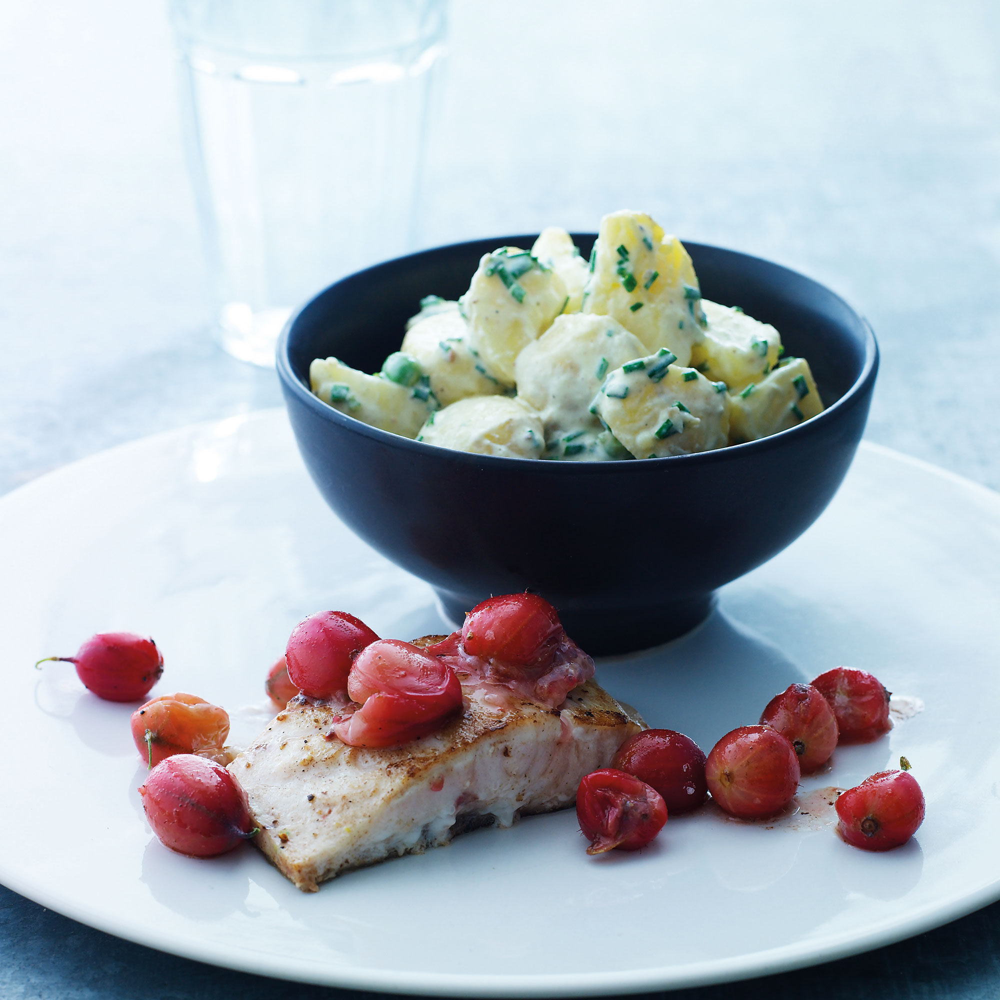 Fried mullet with gooseberries and potato salad Fried mullet with gooseberries and potato salad