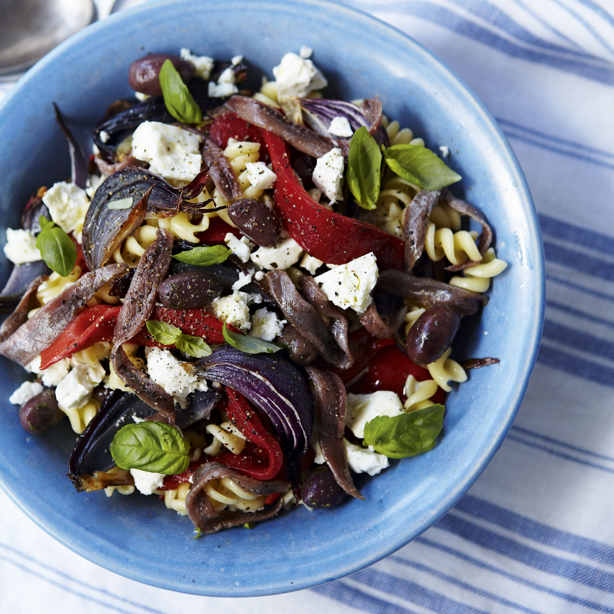 Pasta and feta salad with roasted veg
