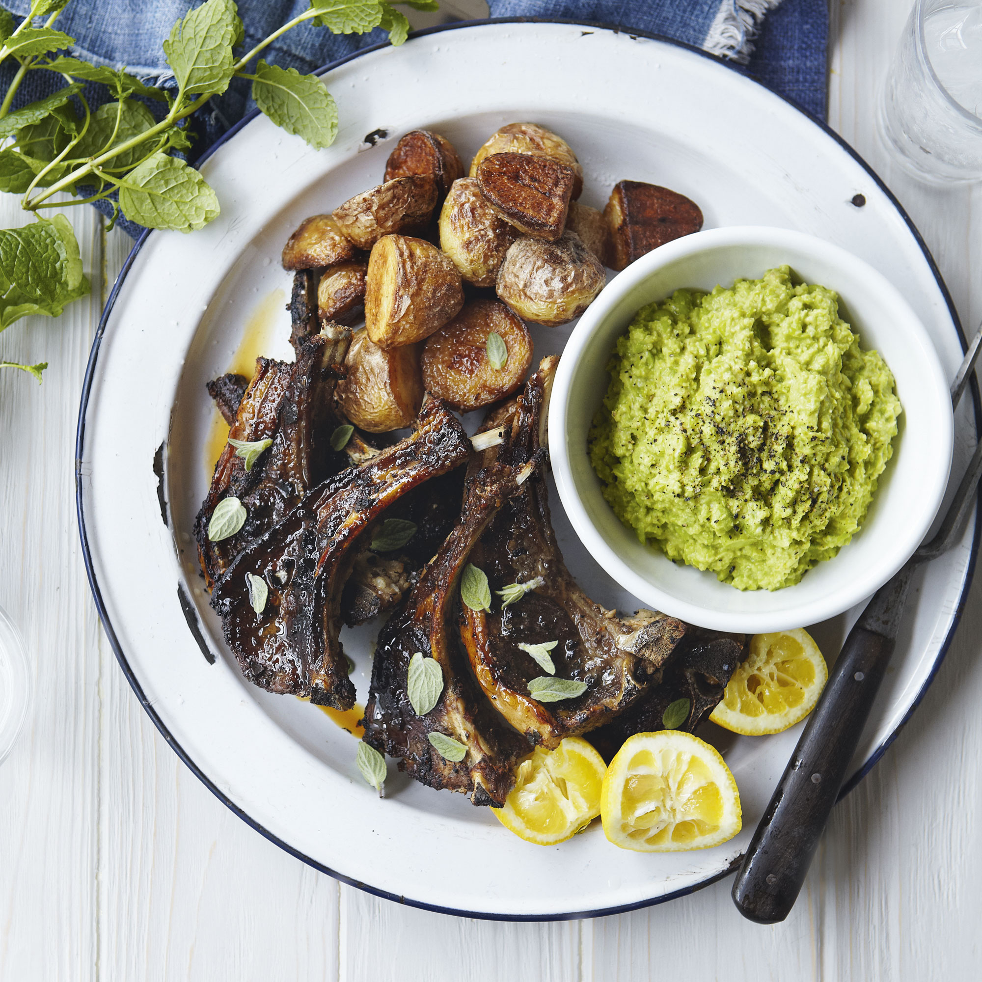 Griddled lamb cutlets with broad bean pur�e and crispy potatoes