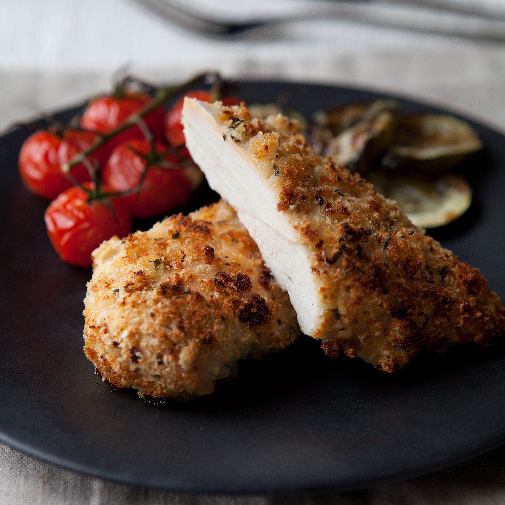 Crunchy Buttermilk Chicken with Balsamic Tomatoes and Courgettes recipe crunchy buttermilk chicken photo