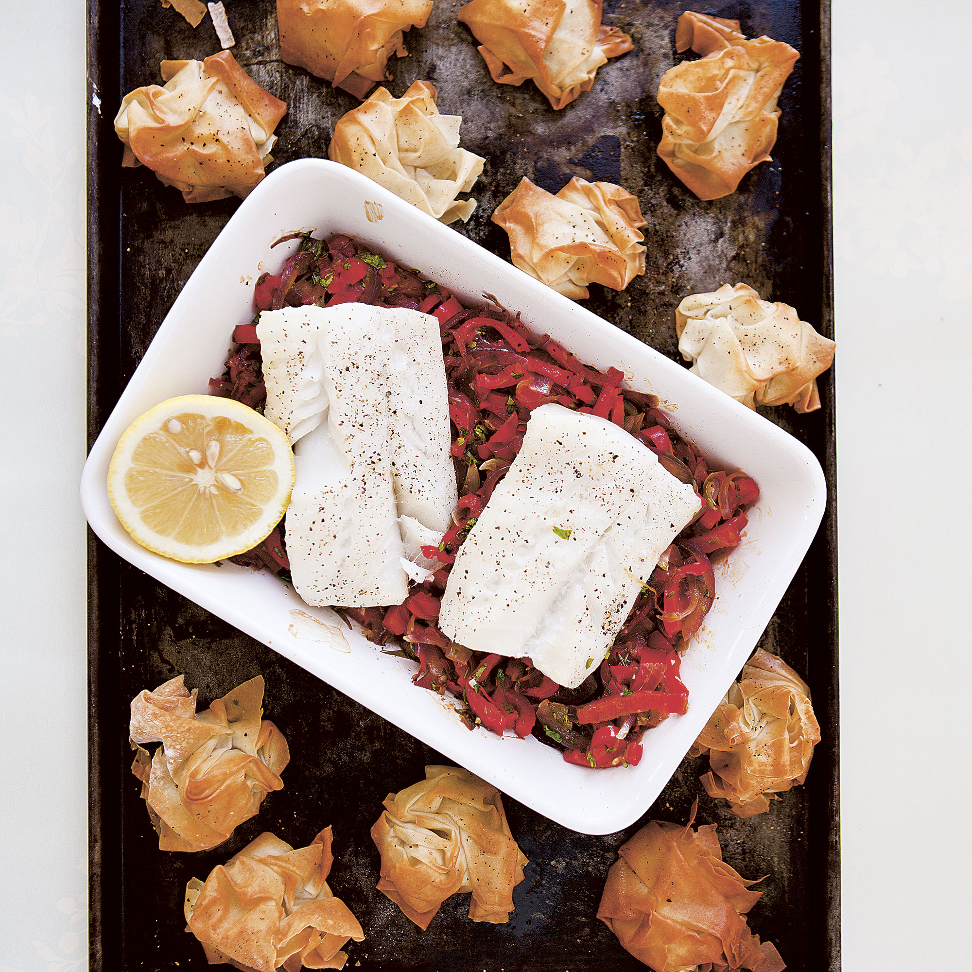 Piquant Pepper-Baked Cod and Filo Crunch Pepper-baked cod recipe