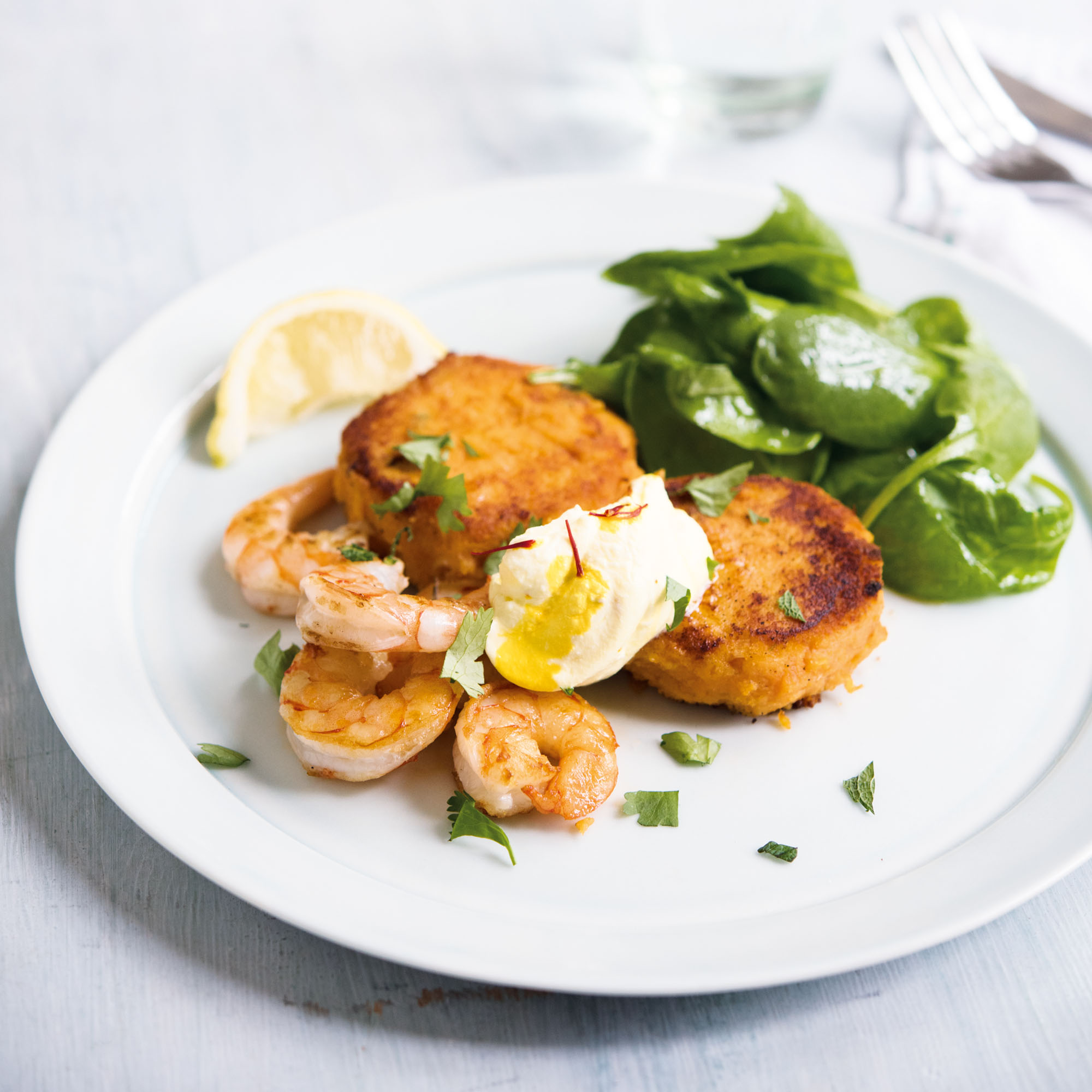 Amelia Freer's Sweet Potato Cakes With Grilled Tiger Prawns and Ginger-Saffron Yogurt Amelia Freer's Sweet Potato Cakes With Grilled Tiger Prawns and Ginger-Saffron Yogurt