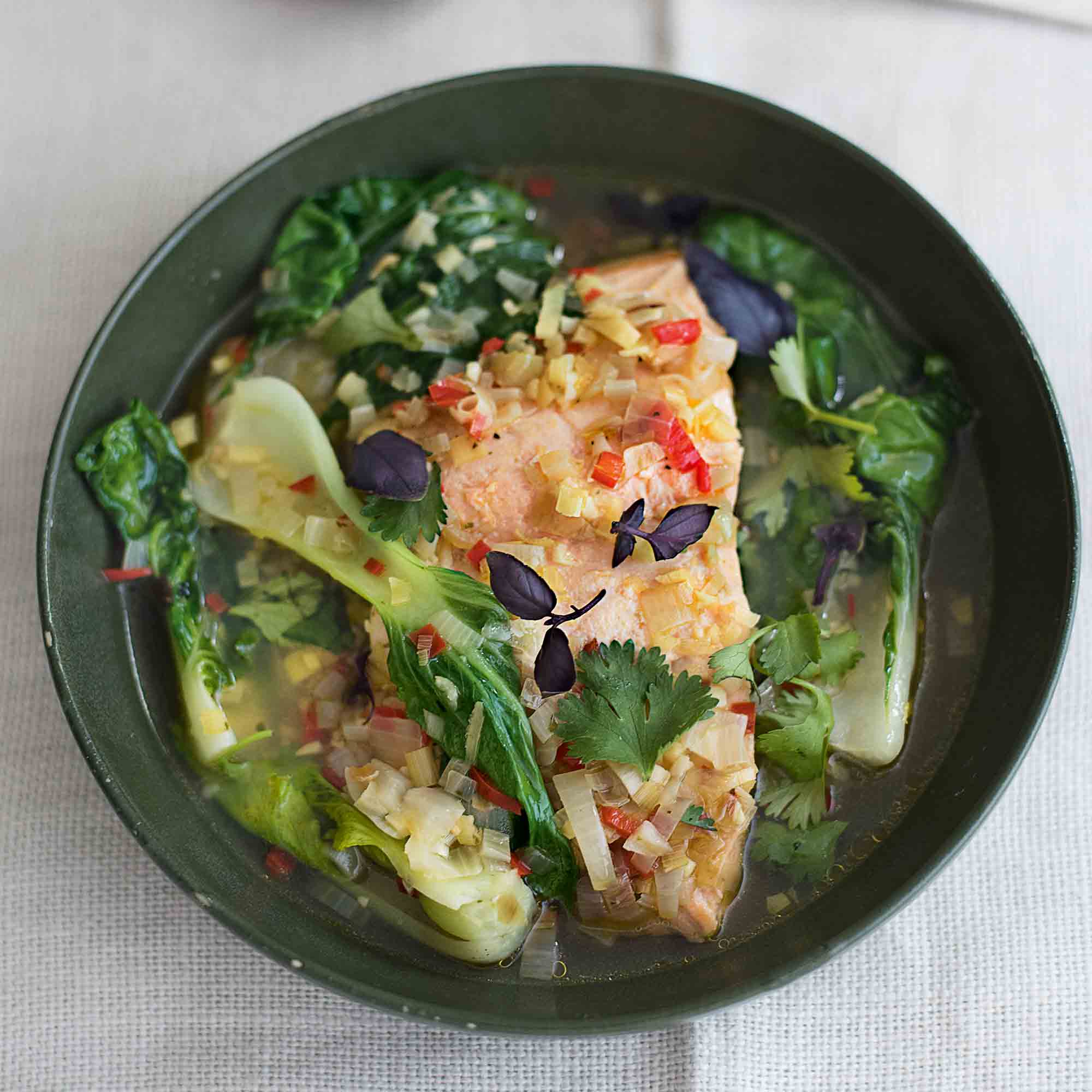 Amelia Freer's Poached Thai Salmon With Pak Choi Amelia Freer's Poached Thai Salmon With Pak Choi