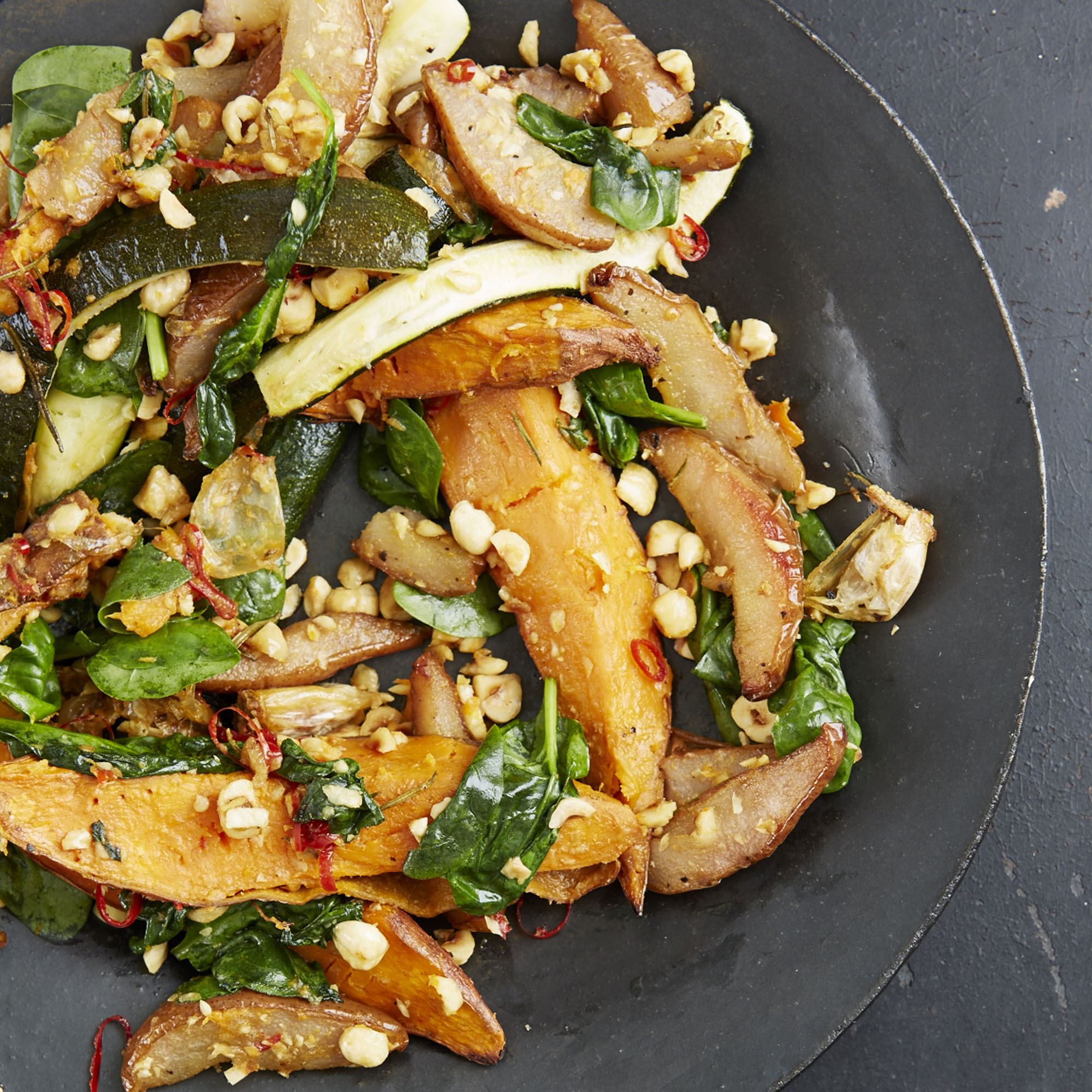 Peter Gordon's Chilli-Roast Sweet Potato With Courgettes, Hazelnuts and Pears Peter Gordon's Chilli-Roast Sweet Potato With Courgettes, Hazelnuts and Pears